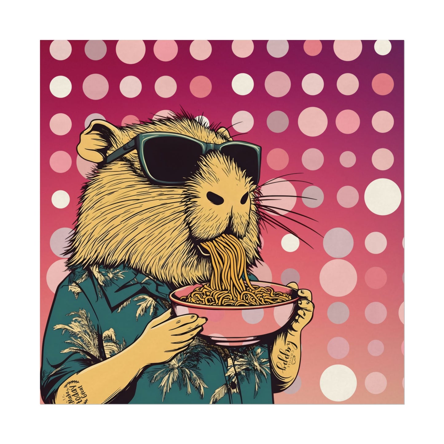 Vibrant Capybara eating Spaghetti like a boss Art Poster, Quirky Home Decor, Unique Wall Art, Gift for Animal Lovers, Playful Artwork for Any Room