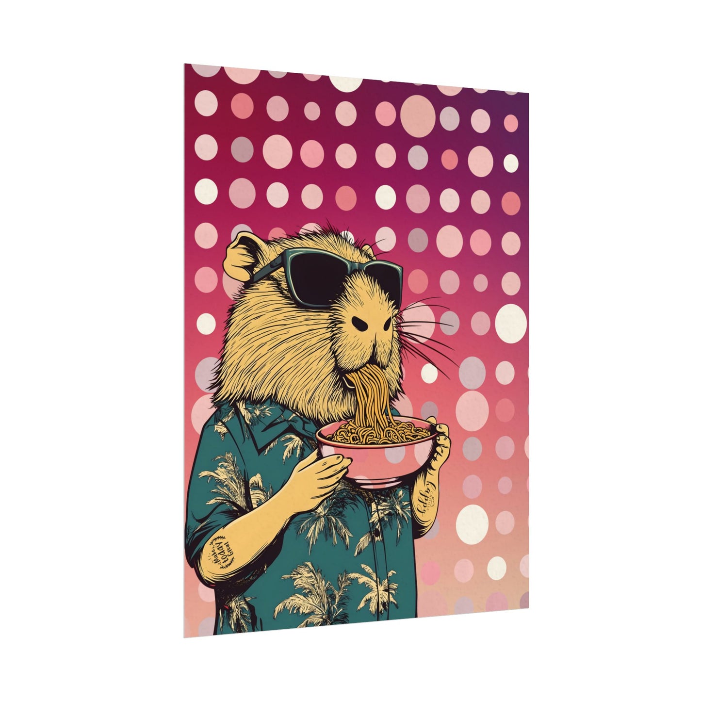 Vibrant Capybara eating Spaghetti like a boss Art Poster, Quirky Home Decor, Unique Wall Art, Gift for Animal Lovers, Playful Artwork for Any Room