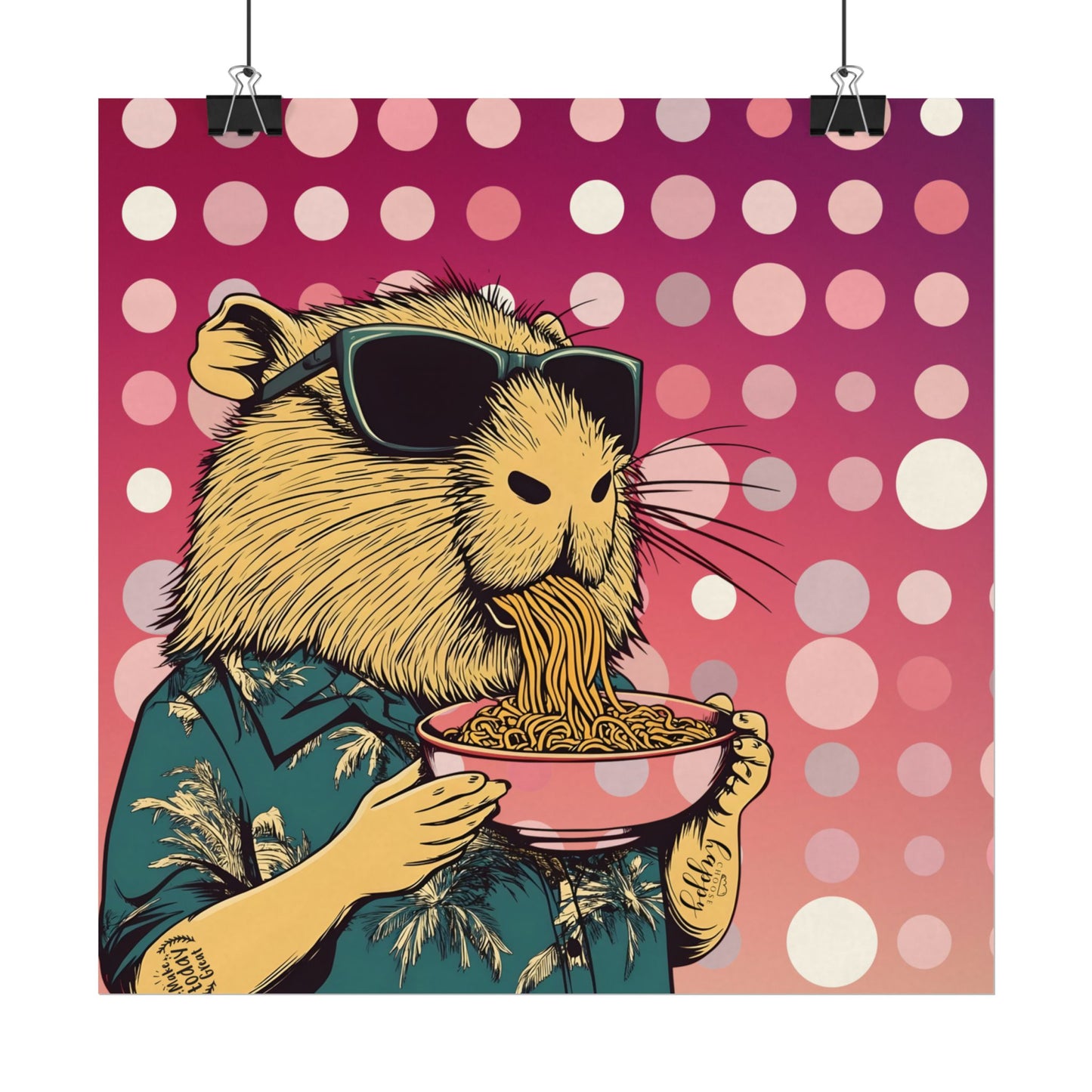Vibrant Capybara eating Spaghetti like a boss Art Poster, Quirky Home Decor, Unique Wall Art, Gift for Animal Lovers, Playful Artwork for Any Room