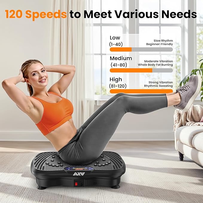 product image of person sitting on vibration plate in crunch position demonstrating an extremely hard position