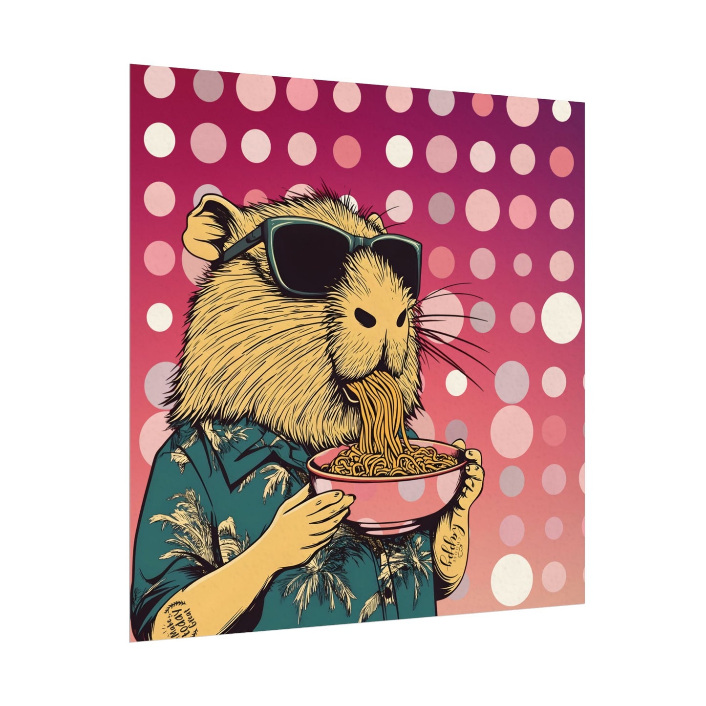 Vibrant Capybara eating Spaghetti like a boss Art Poster, Quirky Home Decor, Unique Wall Art, Gift for Animal Lovers, Playful Artwork for Any Room