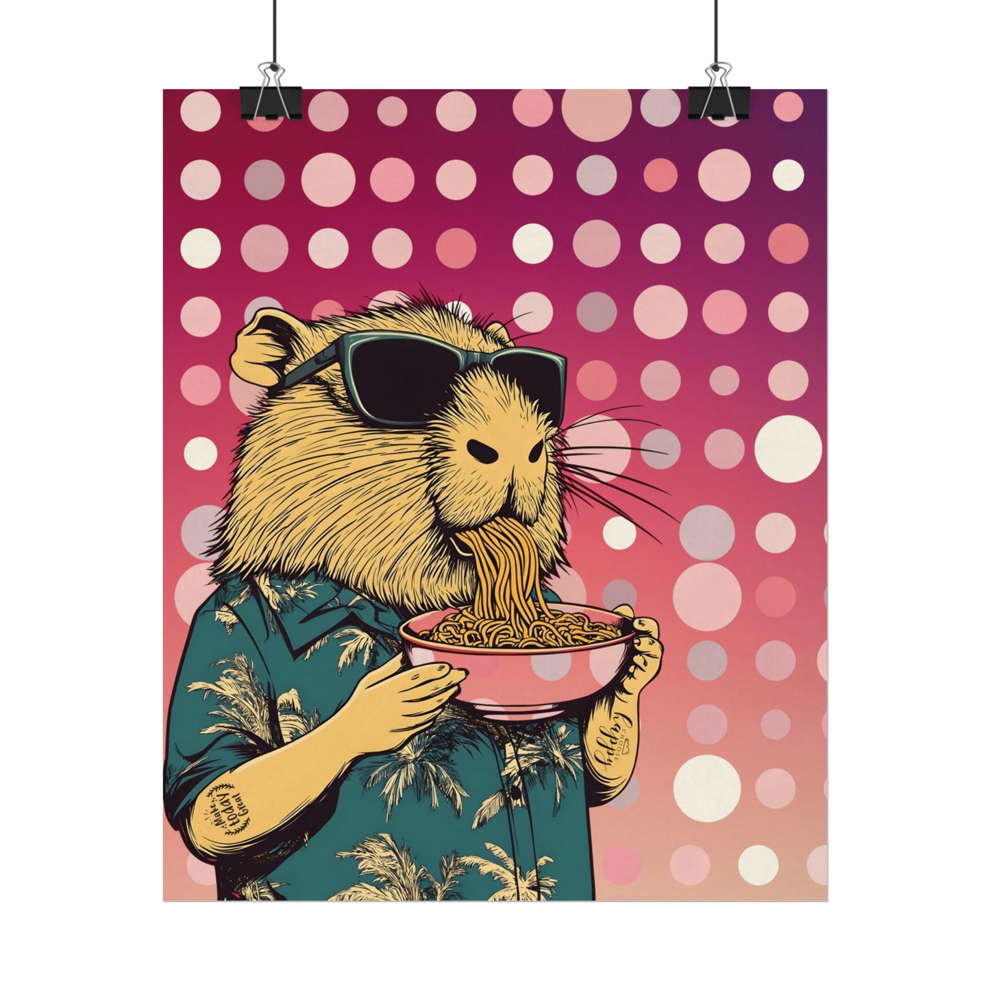 Vibrant Capybara eating Spaghetti like a boss Art Poster, Quirky Home Decor, Unique Wall Art, Gift for Animal Lovers, Playful Artwork for Any Room
