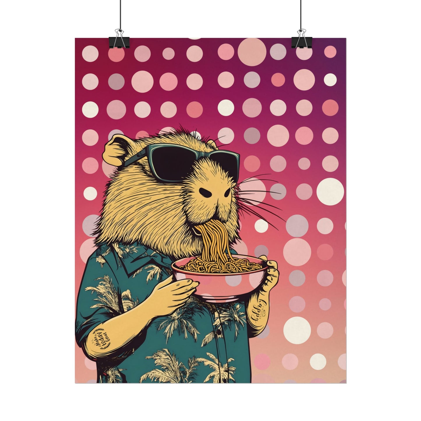 Vibrant Capybara eating Spaghetti like a boss Art Poster, Quirky Home Decor, Unique Wall Art, Gift for Animal Lovers, Playful Artwork for Any Room