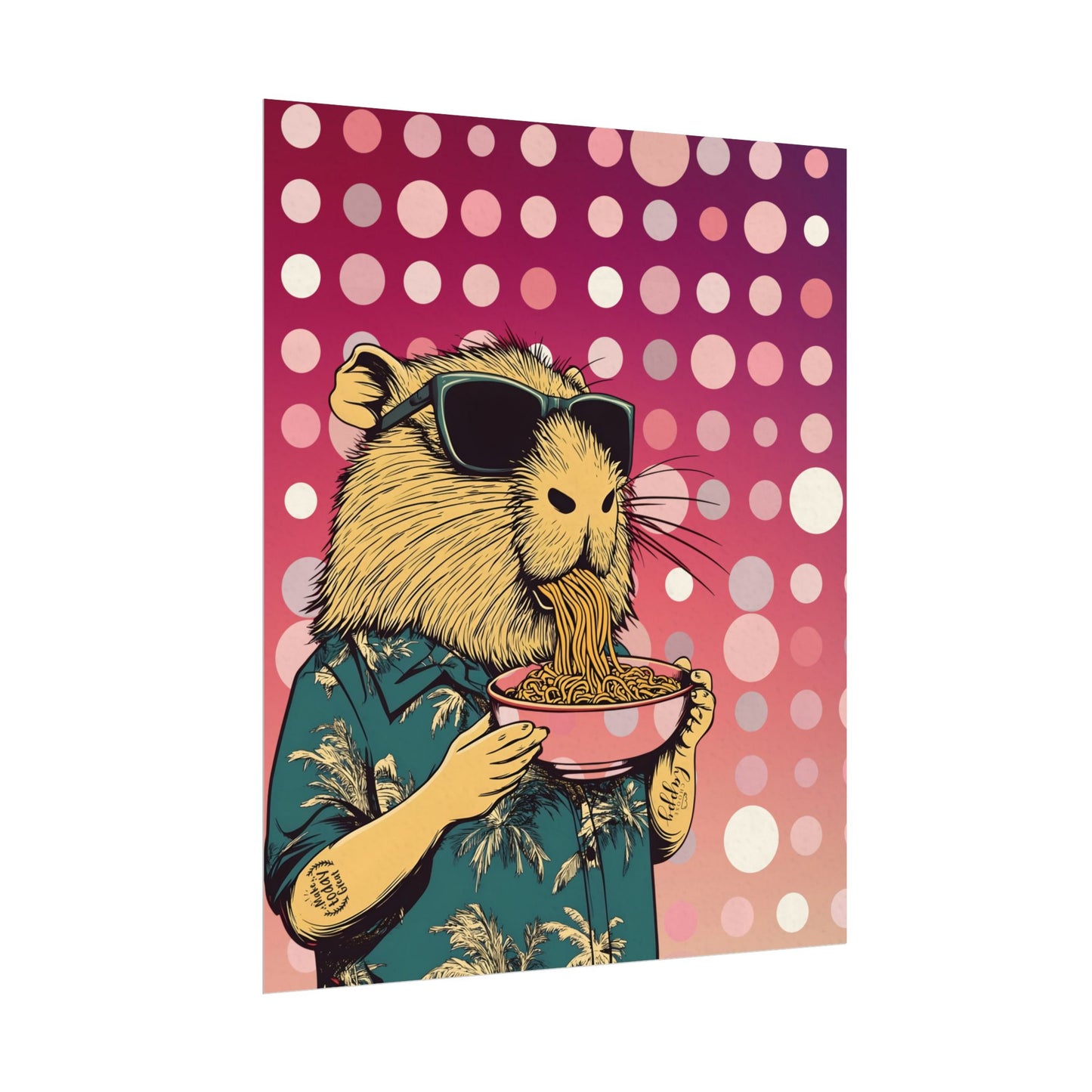 Vibrant Capybara eating Spaghetti like a boss Art Poster, Quirky Home Decor, Unique Wall Art, Gift for Animal Lovers, Playful Artwork for Any Room