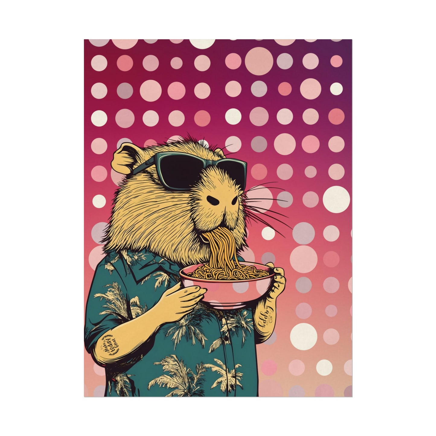 Vibrant Capybara eating Spaghetti like a boss Art Poster, Quirky Home Decor, Unique Wall Art, Gift for Animal Lovers, Playful Artwork for Any Room