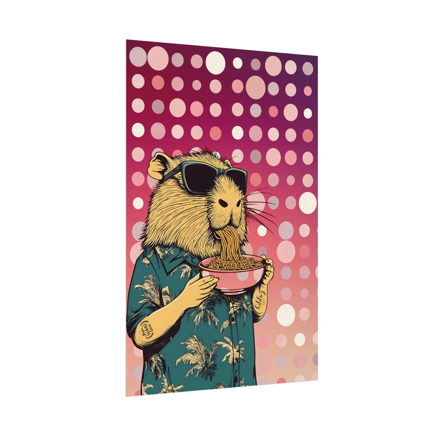 Vibrant Capybara eating Spaghetti like a boss Art Poster, Quirky Home Decor, Unique Wall Art, Gift for Animal Lovers, Playful Artwork for Any Room