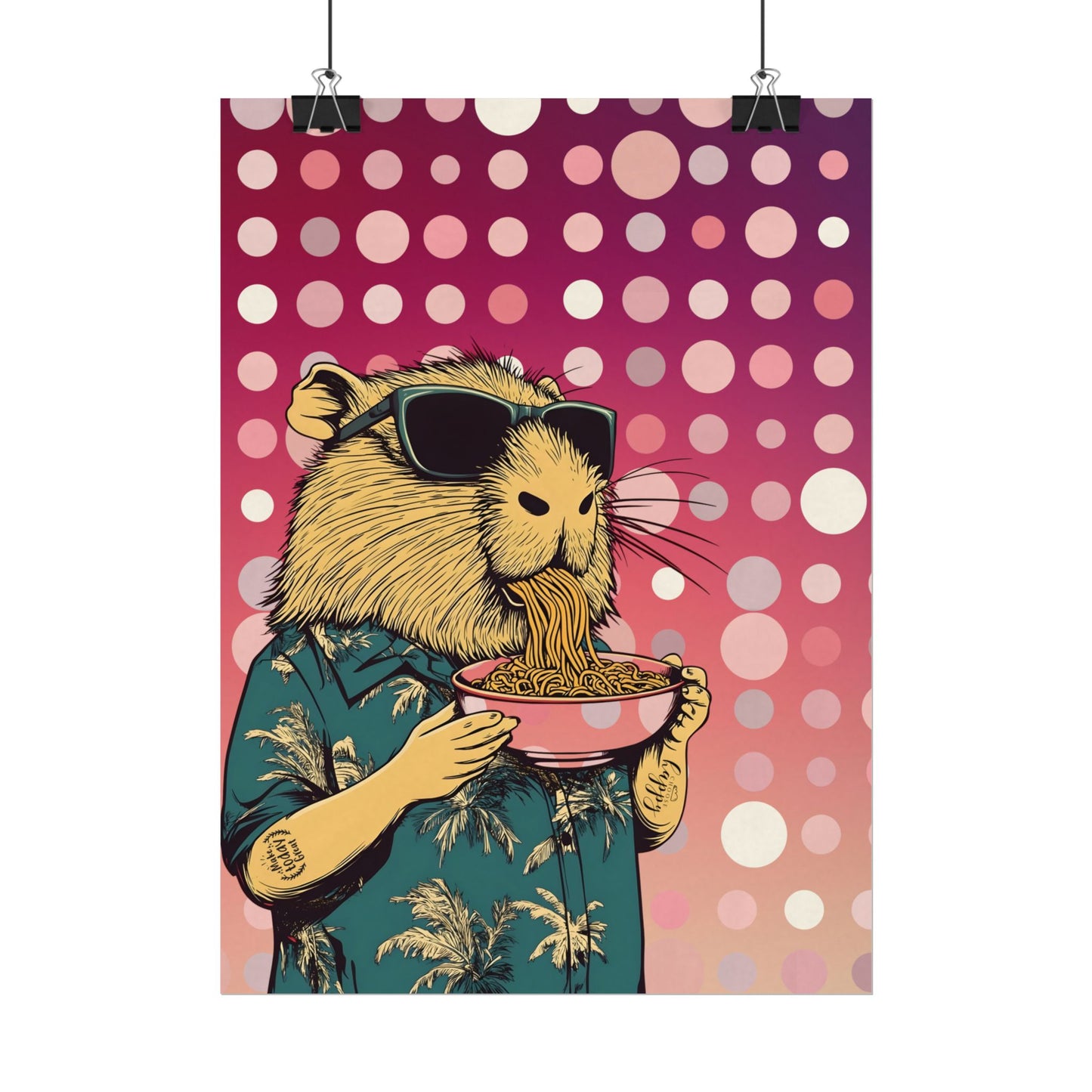 Vibrant Capybara eating Spaghetti like a boss Art Poster, Quirky Home Decor, Unique Wall Art, Gift for Animal Lovers, Playful Artwork for Any Room