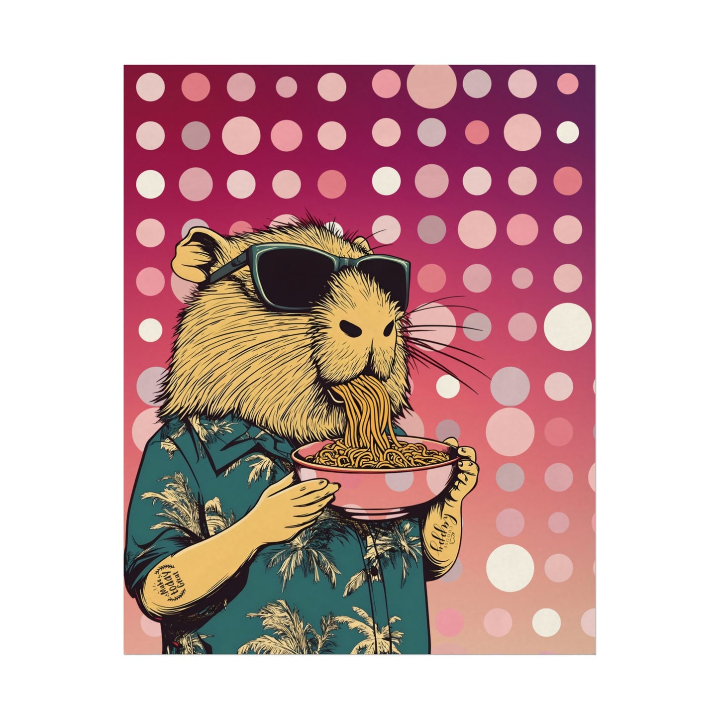 Vibrant Capybara eating Spaghetti like a boss Art Poster, Quirky Home Decor, Unique Wall Art, Gift for Animal Lovers, Playful Artwork for Any Room