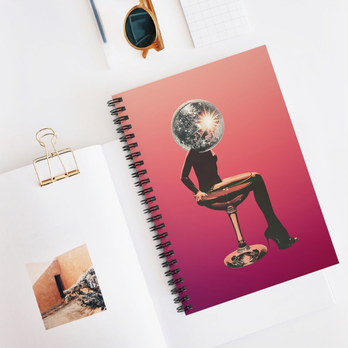 Disco Ball Champaign Glass Girl Cosmic Vibe Spiral Notebook - Ruled Line, Journal, Sketchbook, Gift for Students, Art Lovers, Unique Design