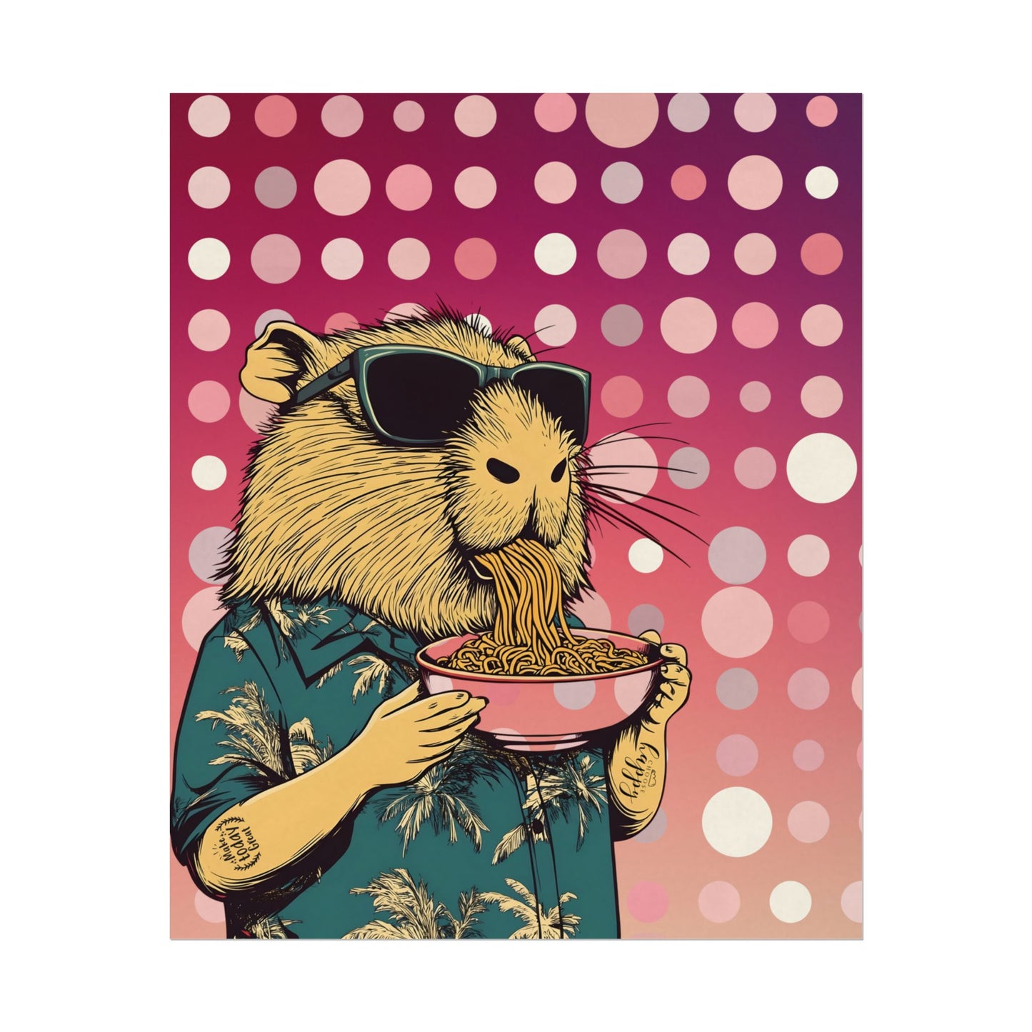 Vibrant Capybara eating Spaghetti like a boss Art Poster, Quirky Home Decor, Unique Wall Art, Gift for Animal Lovers, Playful Artwork for Any Room