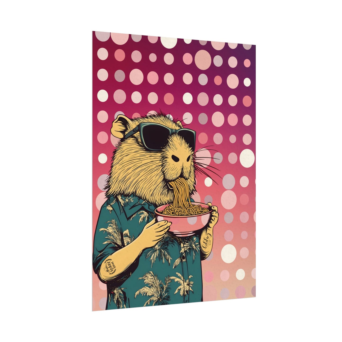 Vibrant Capybara eating Spaghetti like a boss Art Poster, Quirky Home Decor, Unique Wall Art, Gift for Animal Lovers, Playful Artwork for Any Room