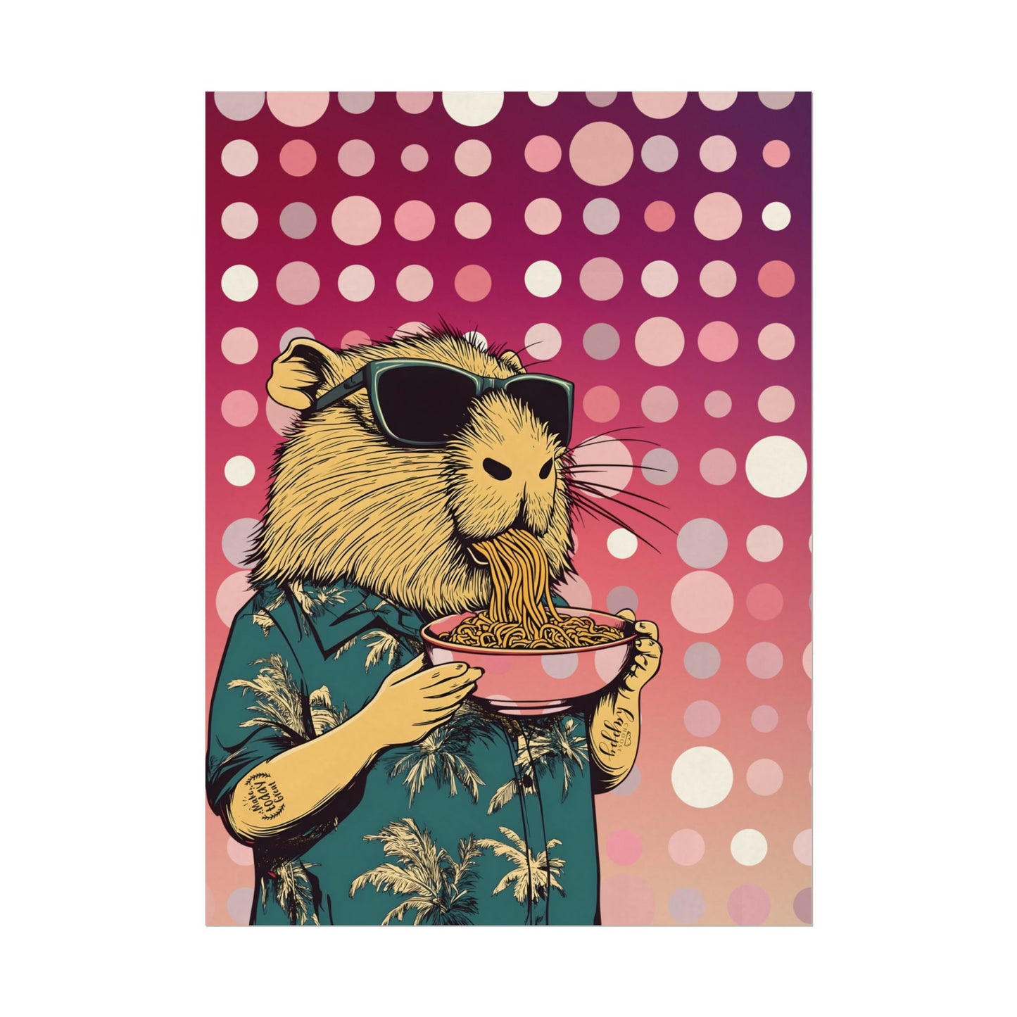 Vibrant Capybara eating Spaghetti like a boss Art Poster, Quirky Home Decor, Unique Wall Art, Gift for Animal Lovers, Playful Artwork for Any Room