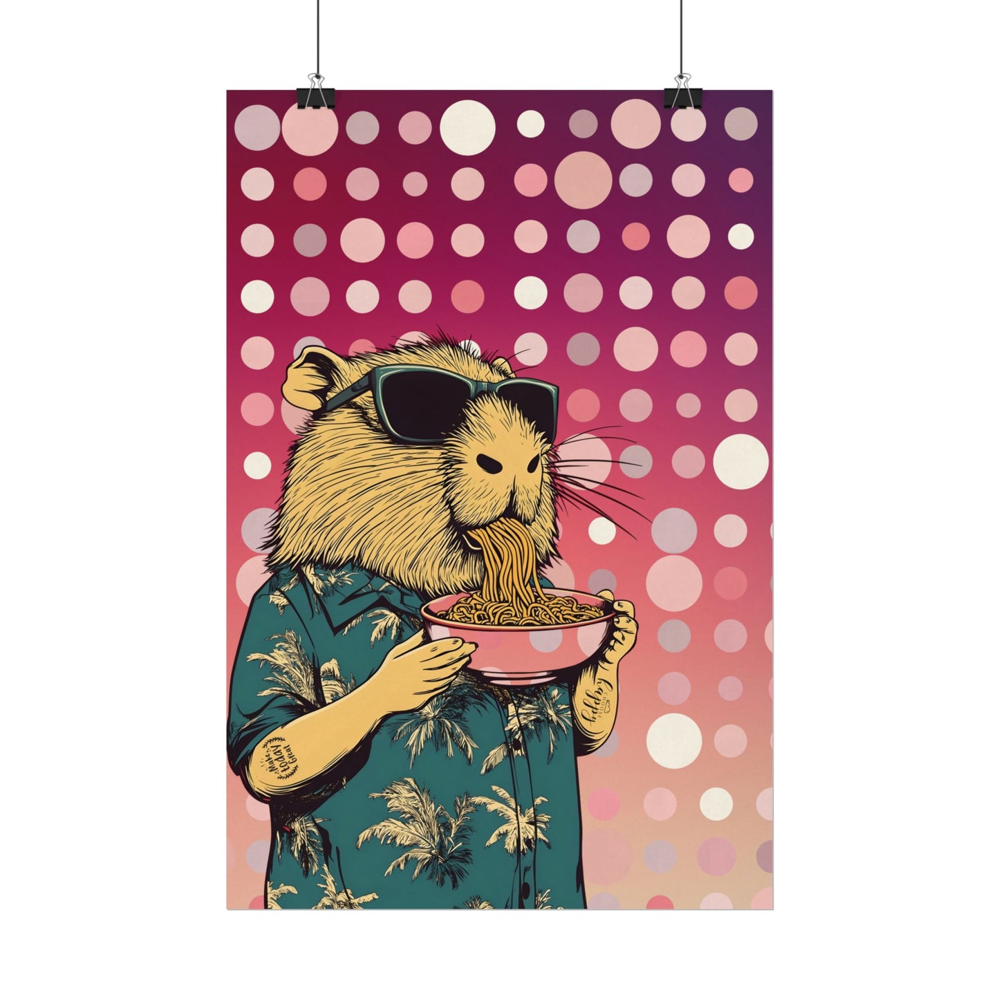 Vibrant Capybara eating Spaghetti like a boss Art Poster, Quirky Home Decor, Unique Wall Art, Gift for Animal Lovers, Playful Artwork for Any Room