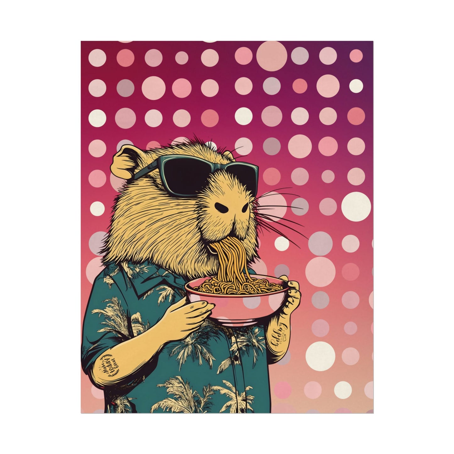 Vibrant Capybara eating Spaghetti like a boss Art Poster, Quirky Home Decor, Unique Wall Art, Gift for Animal Lovers, Playful Artwork for Any Room