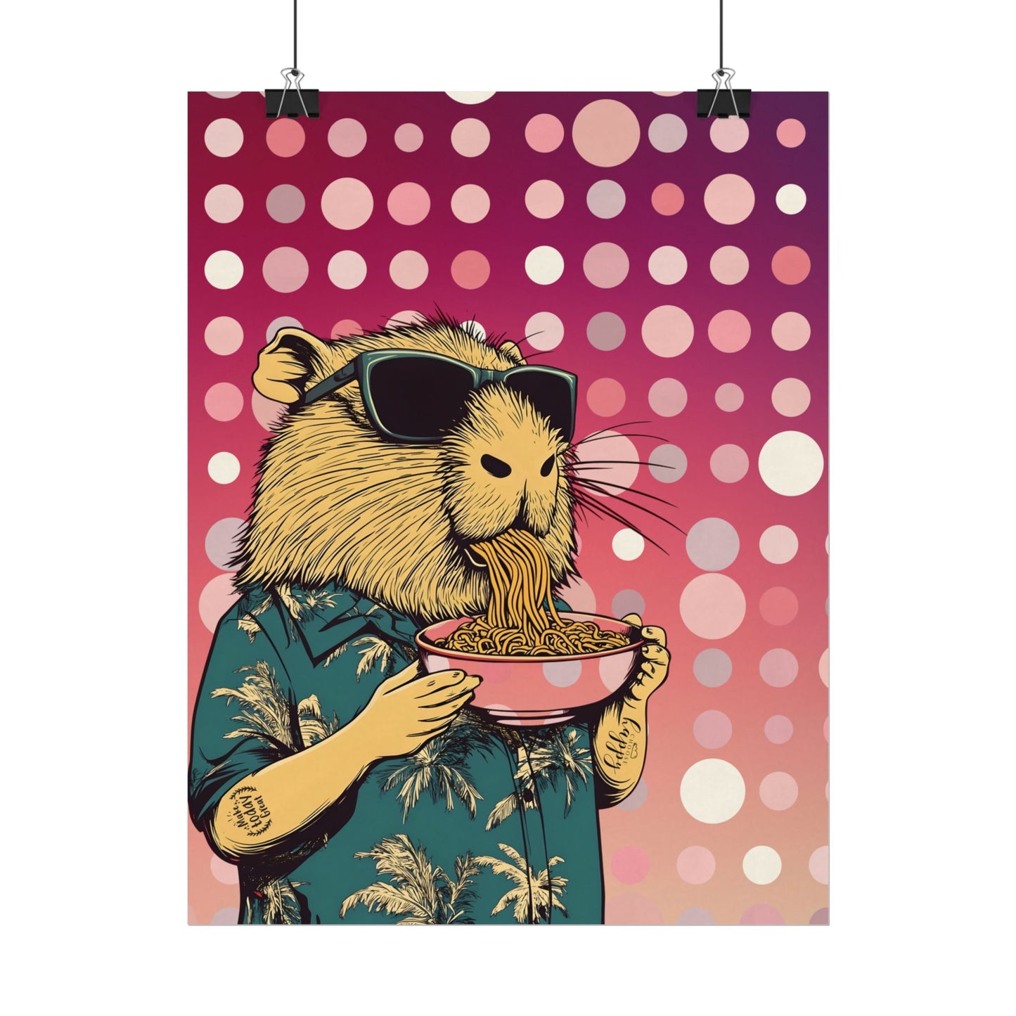 Vibrant Capybara eating Spaghetti like a boss Art Poster, Quirky Home Decor, Unique Wall Art, Gift for Animal Lovers, Playful Artwork for Any Room
