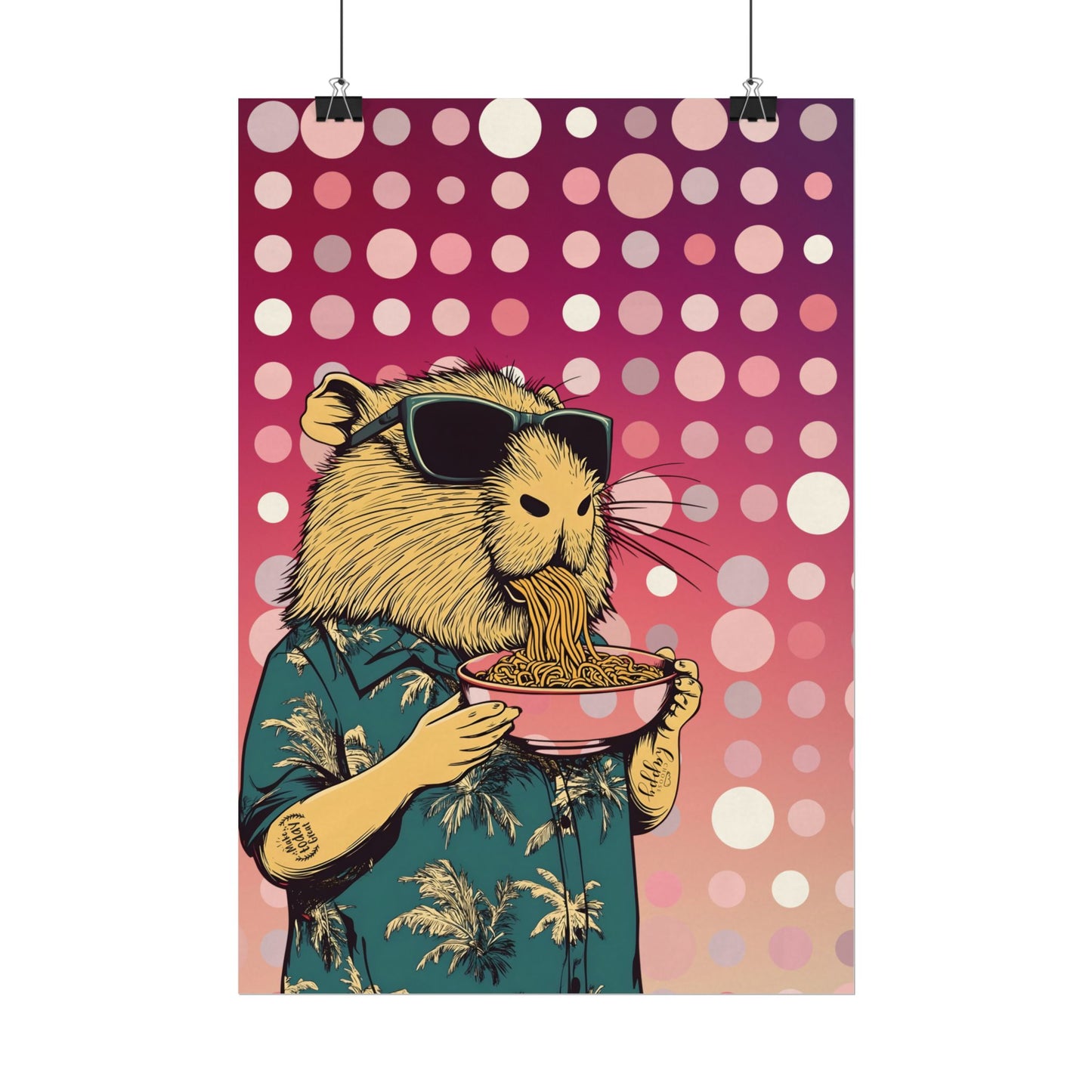 Vibrant Capybara eating Spaghetti like a boss Art Poster, Quirky Home Decor, Unique Wall Art, Gift for Animal Lovers, Playful Artwork for Any Room
