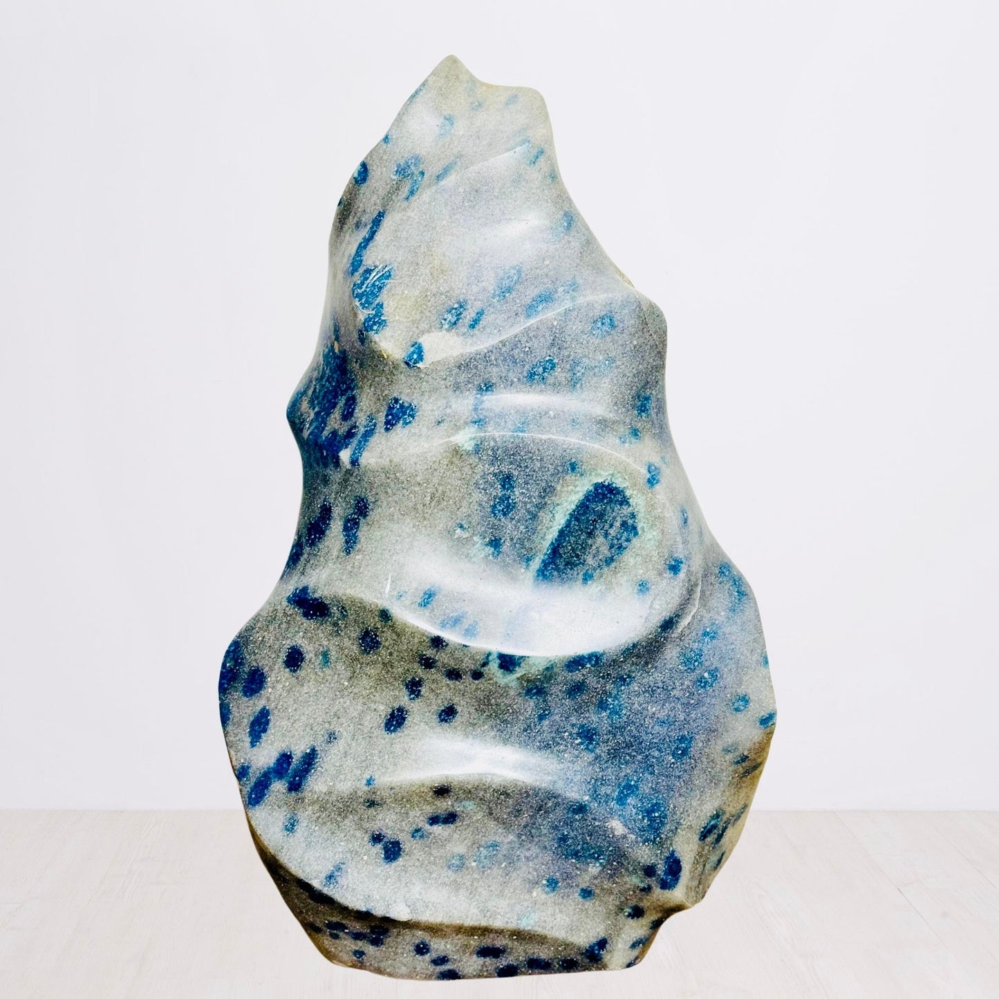 Romantic Blue Quartzite Freeform Sculpture from Madagascar with Heart and Serpent Carved Motifs – Flow of Earth & Ocean