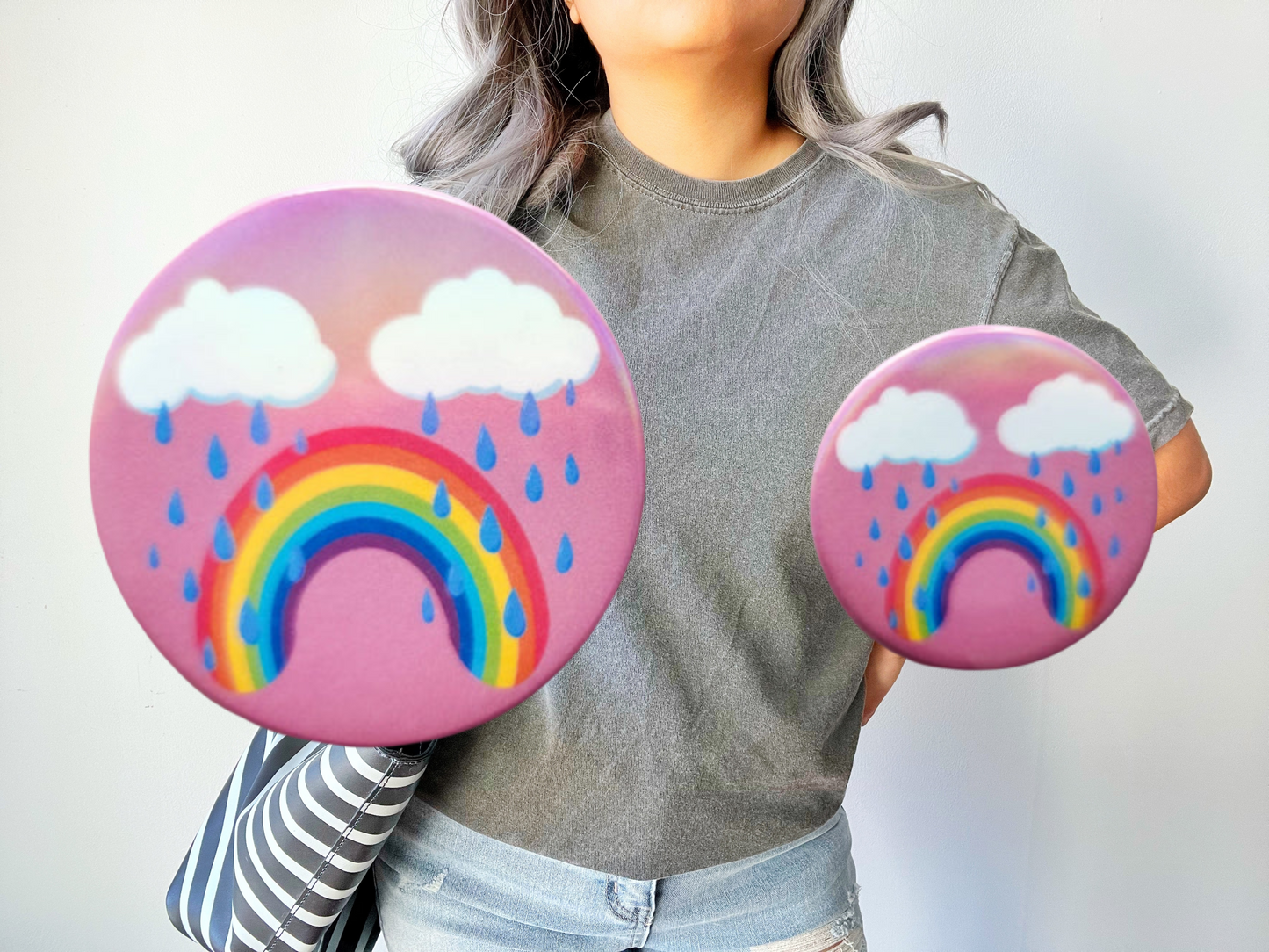 Bittersweet Rainbow Holographic Button Pin – Happy & Sad Face Eco-Friendly Accessory