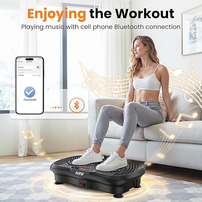 Ejoy the workout playing music with cell phone bluetooth connection, sitting on couch and exercising with the vibration plate that offers rejuvenated joy