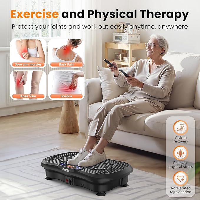 vibration plate product image in use by an elderly person sitting on the couch, using two remote controls. Protect your joints and work out easily anytime, anywhere. Aids in recovery, relieves physical stress and accelerated rejuvenation