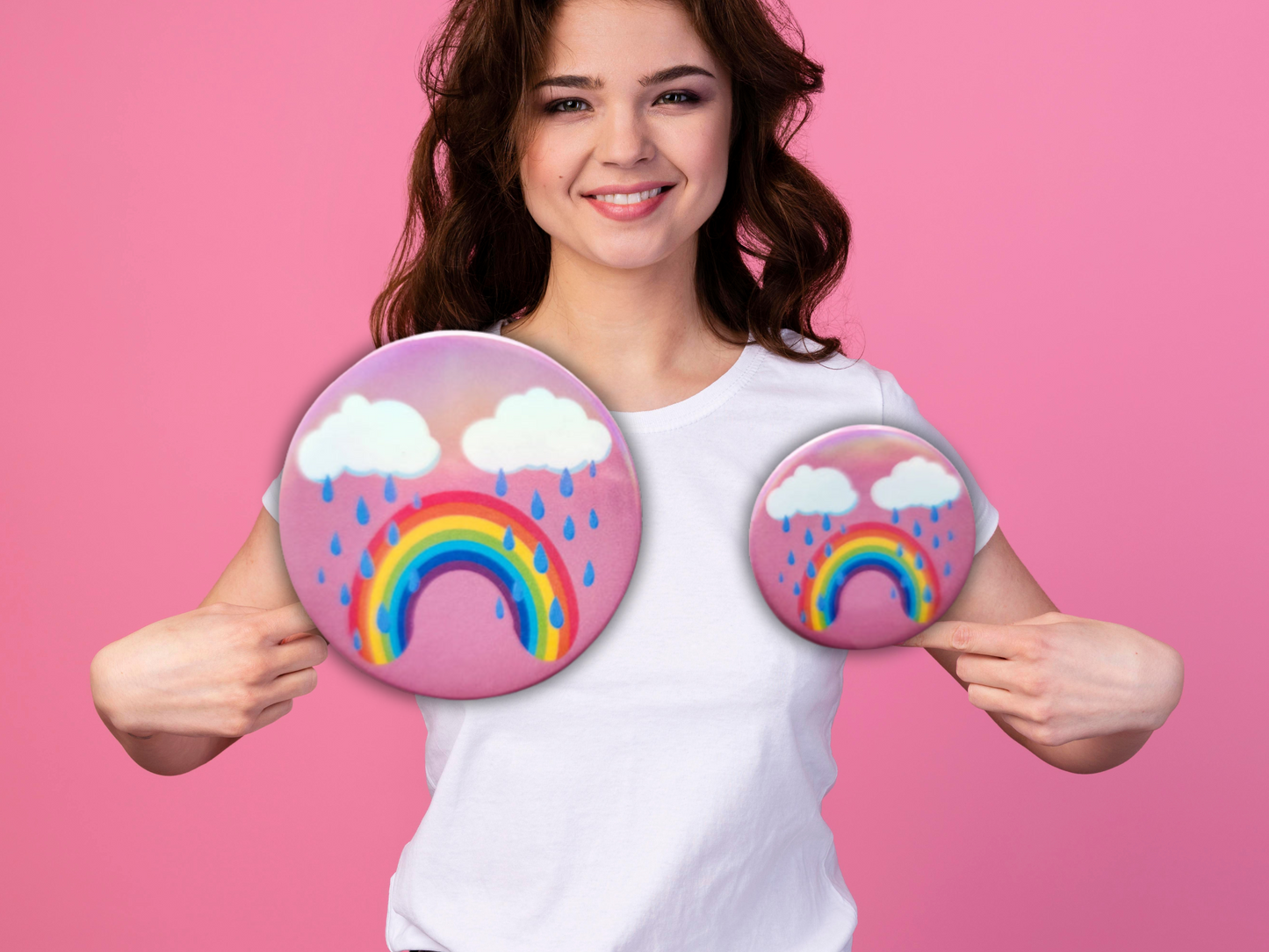 Bittersweet Rainbow Holographic Button Pin – Happy & Sad Face Eco-Friendly Accessory