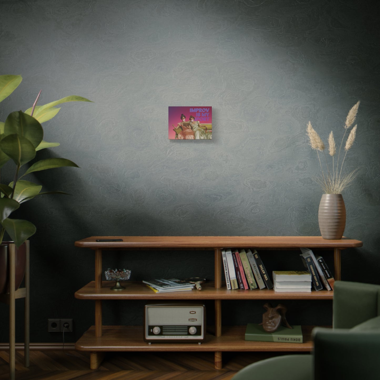 A whimsical canvas print featuring Victorian ladies lounging on a couch, one blowing a bubble gum bubble, with the text "Improv Is My Sport" celebrating creativity and spontaneity.