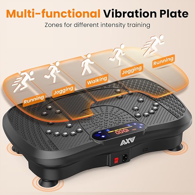 product image of the multi-functional vibration plate. Zones for different intensity training. Walking, jogging or running at full speed illustration above the vibration plate product image