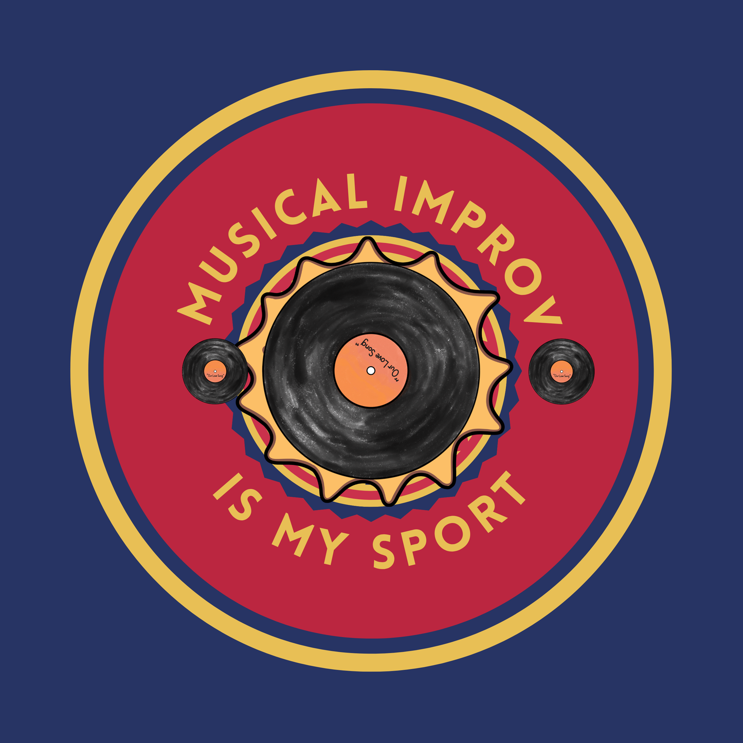 Circular design with vinyl record and text 'Musical improv is my sport' on a blue background