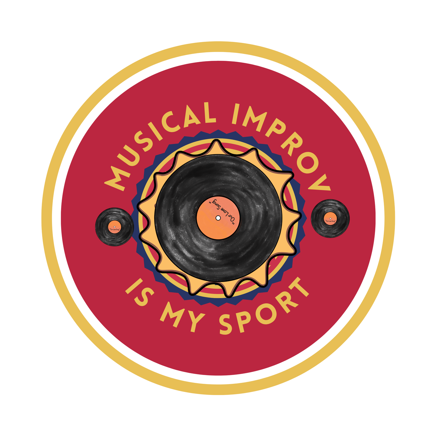 A colorful round pinback button featuring a vinyl record design with the text "Musical Improv Is My Sport" on a bold red background. The pin's back is shown alongside, displaying its fastening mechanism.