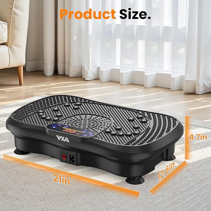 product size of the vibration plate, 21 inches long by 12.6 inches wide by 4.7 inches tall