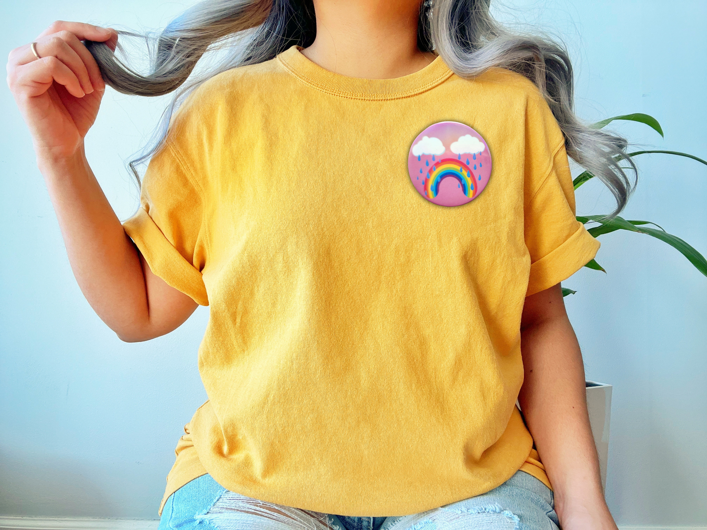 Bittersweet Rainbow Holographic Button Pin – Happy & Sad Face Eco-Friendly Accessory