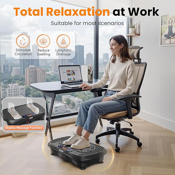 product image of vibration plate suitable for most scenarios, stimulate circulation, reduce swelling, lymphatic drainage . Image shows in use under feet under desk as person uses laptop looking out over a city