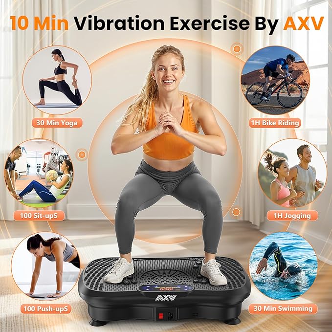 vibration plate product image in use. other images showing what you may be able to do after using the vibratikon plate. Protect your joints and work out easily anytime, anywhere. Aids in recovery, relieves physical stress and accelerated rejuvenation