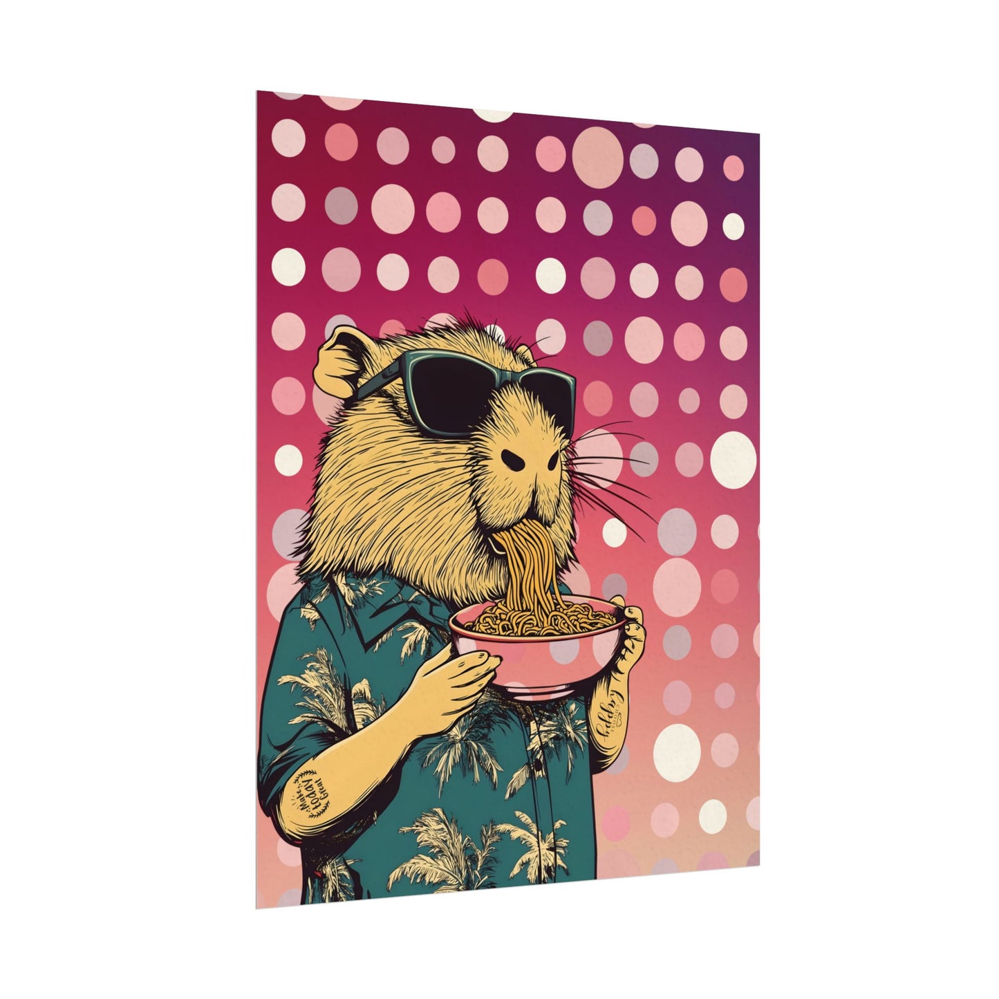 Vibrant Capybara eating Spaghetti like a boss  Art Poster, Quirky Home Decor, Unique Wall Art, Gift for Animal Lovers, Playful Artwork for Any Room