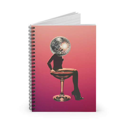 Disco Ball Champaign Glass Girl Cosmic Vibe Spiral Notebook - Ruled Line, Journal, Sketchbook, Gift for Students, Art Lovers, Unique Design