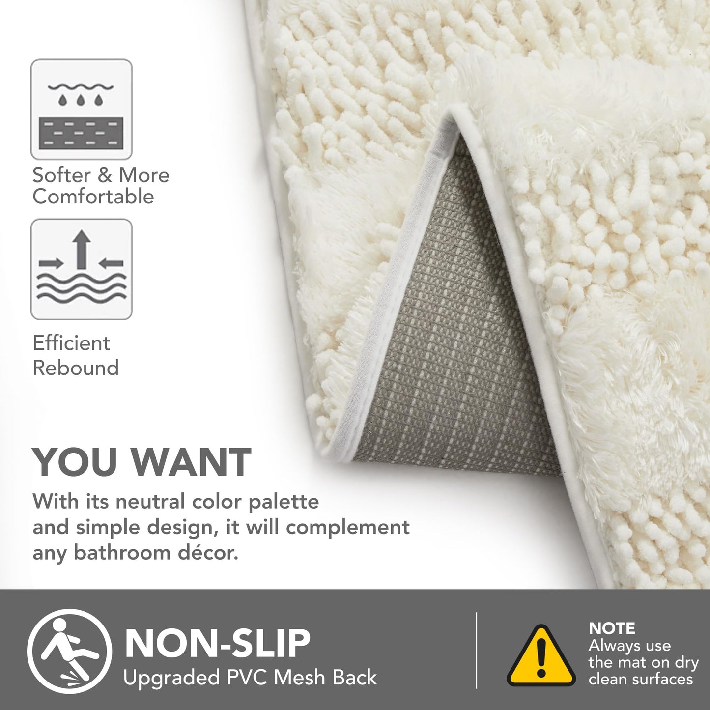 Quick Dry Plush Bathroom Rug, 24x17 Inch, White