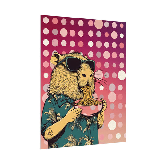 Vibrant Capybara eating Spaghetti like a boss  Art Poster, Quirky Home Decor, Unique Wall Art, Gift for Animal Lovers, Playful Artwork for Any Room