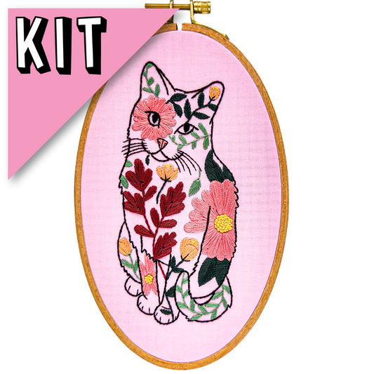 Easy Embroidery Kit Poppy Flower Cat, 8 x 5 in.