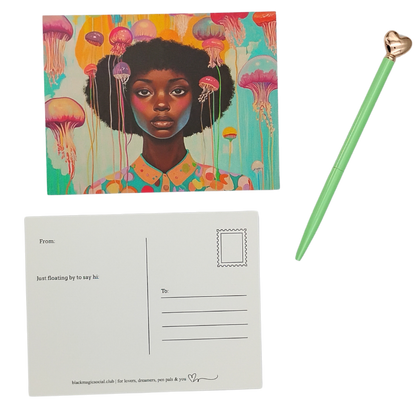Underwater Whimsical Black Girl & Jellyfish Postcard for Friends & Penpals
