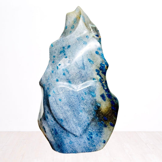 Romantic Blue Quartzite Freeform Sculpture from Madagascar with Heart and Serpent Carved Motifs – Flow of Earth & Ocean