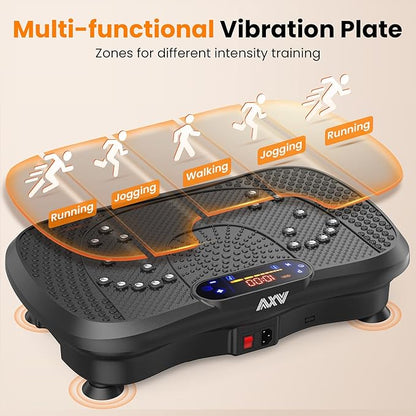 product image of the multi-functional vibration plate. Zones for different intensity training. Walking, jogging or running at full speed illustration above the vibration plate product image