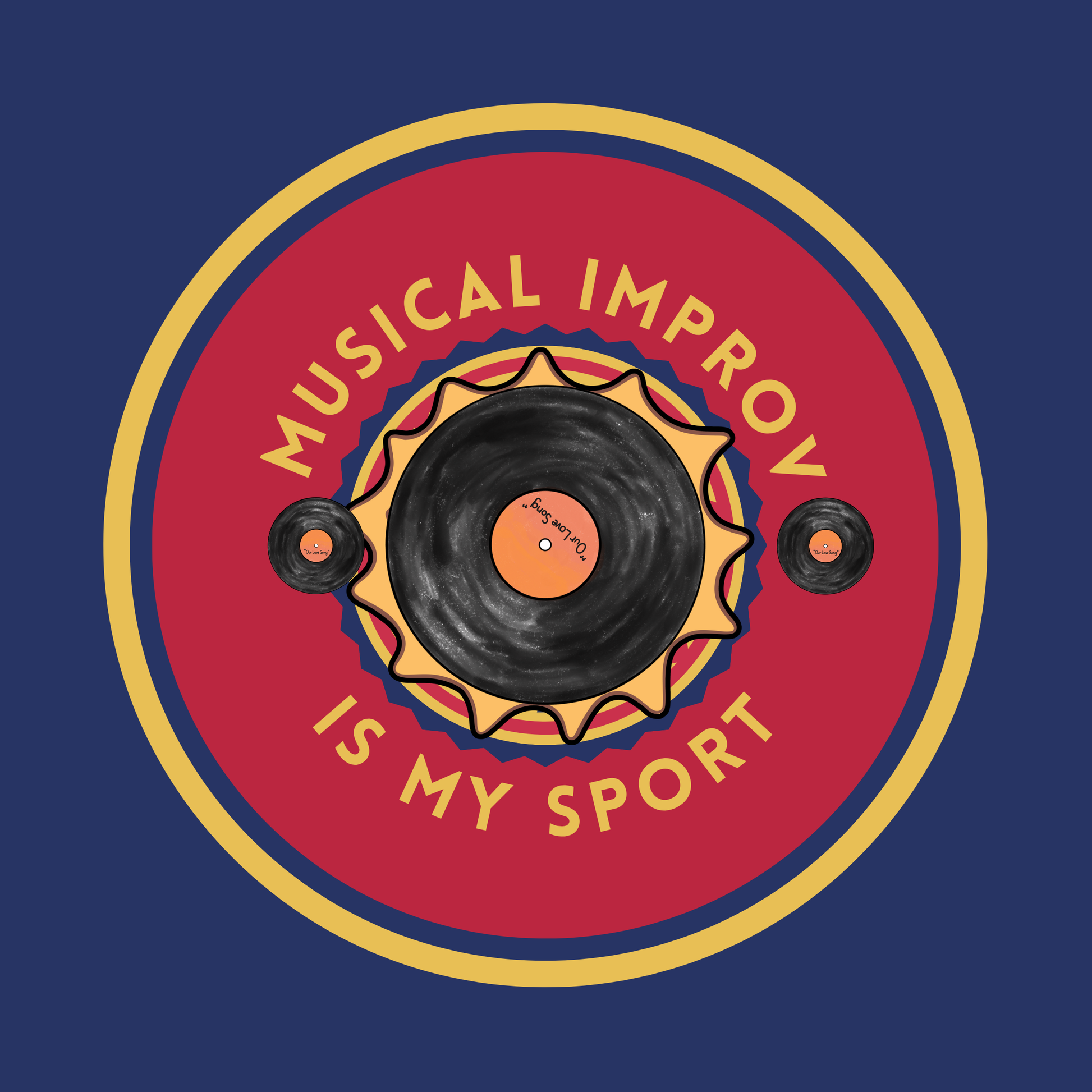 Circular design with vinyl record and text 'Musical improv is my sport' on a blue background
