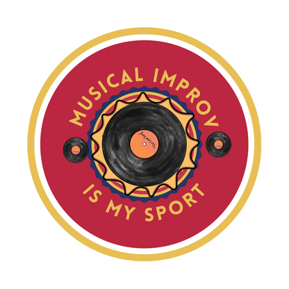 A colorful round pinback button featuring a vinyl record design with the text "Musical Improv Is My Sport" on a bold red background. The pin's back is shown alongside, displaying its fastening mechanism.