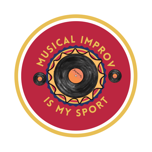 A colorful round pinback button featuring a vinyl record design with the text "Musical Improv Is My Sport" on a bold red background. The pin's back is shown alongside, displaying its fastening mechanism.