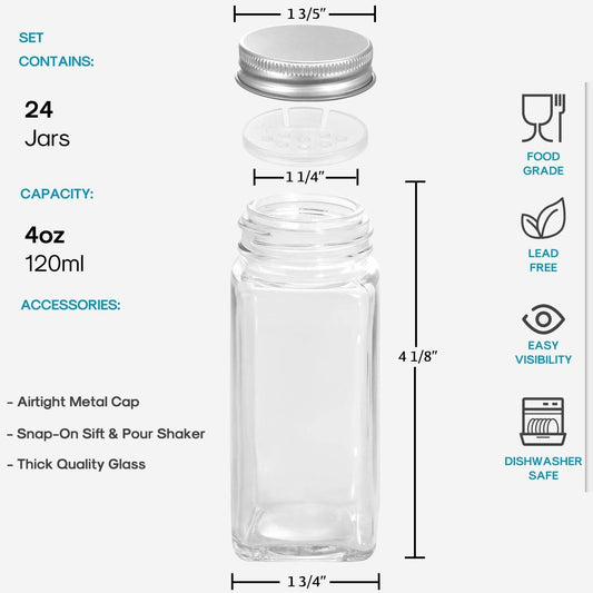 24 Pcs Glass Spice Jars with Labels - 4oz Empty Square, Airtight Metal Caps