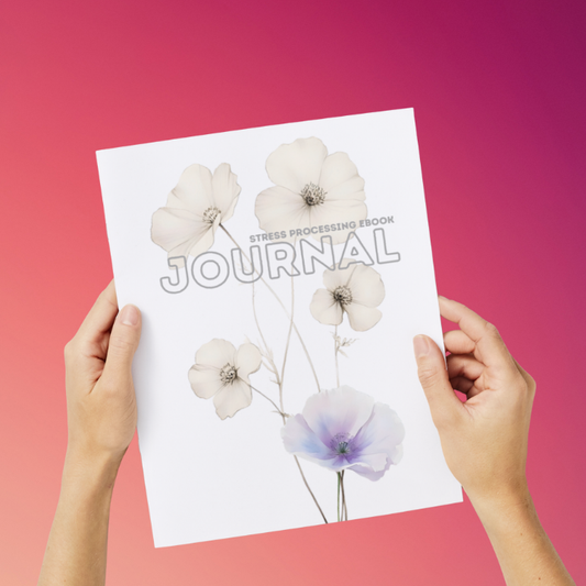 Hands holding a hardcover stress processing journal with a minimalist floral design, created for relaxation, mindfulness, and emotional well-being.