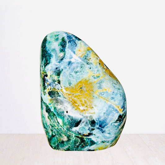 XL Polished Ocean Jasper Freeform – Cascading Green & Golden Veins  – Natural Stone for Home Decor & Spiritual Balance